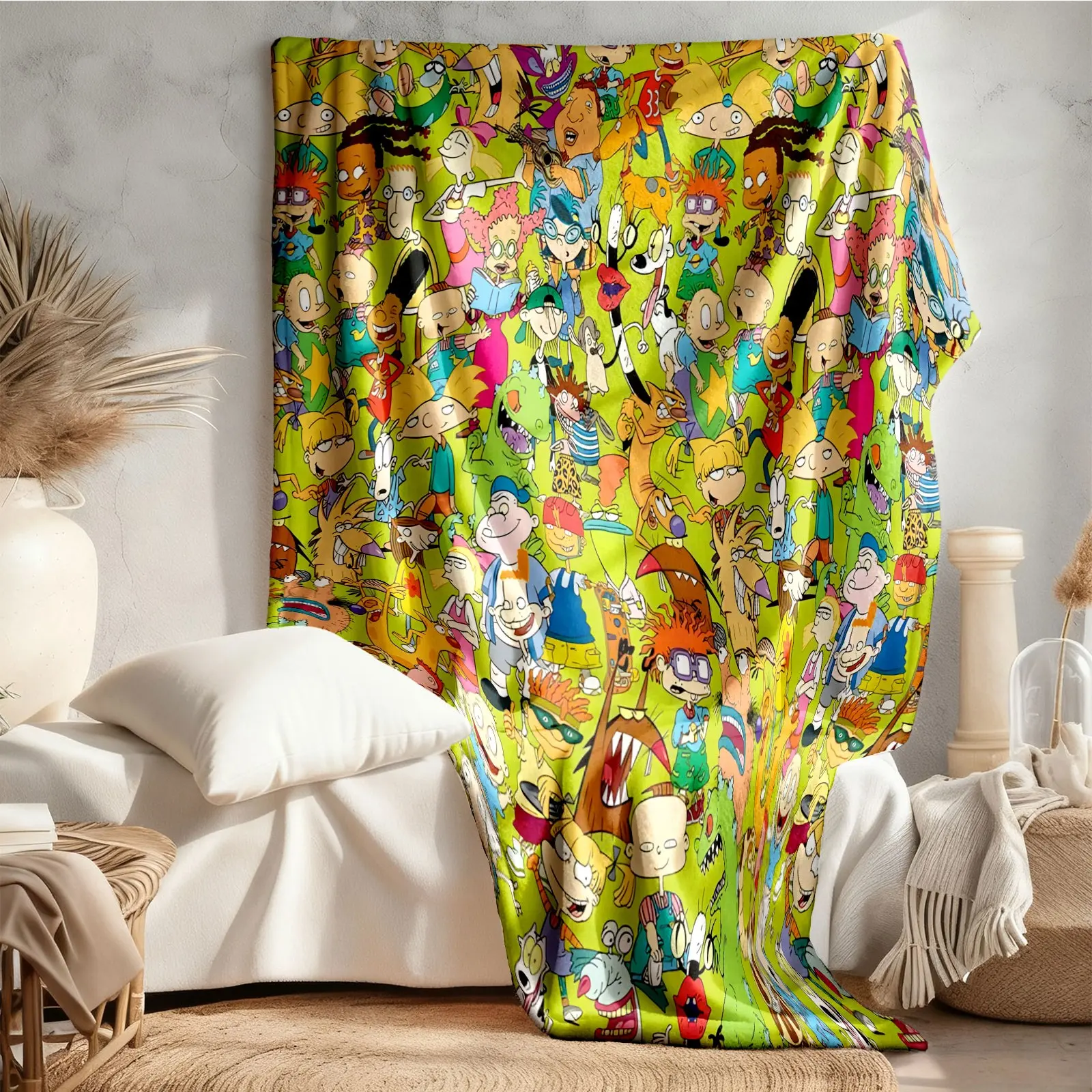 90s Cartoon Throw Blanket, Background, Rugrats Hey Arnold Ren Stimpy, Cozy Lightweight Flannel, All Season Warm Cover, Cartoon Printed Blanket
