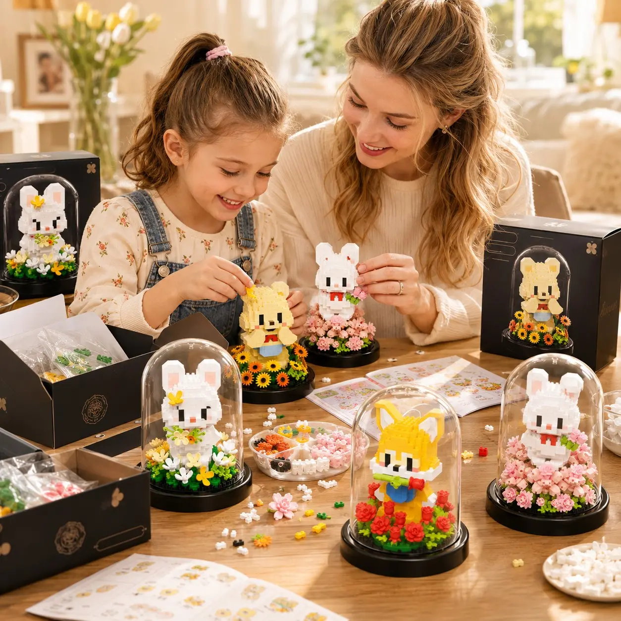 4PC Mini Animal Flower Building Block Set, Cute Rabbit Bear Fox Style, Clear Display Dome, Detailed Micro Bricks, Relaxing DIY Assembly Toy, Diy Building Model, Desk Shelf Room Decor, Dollhouse Accent, Christmas Birthday Gift, Collectible Building Blocks