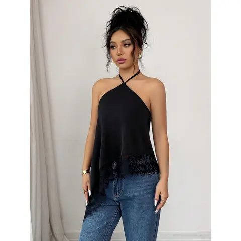 Women's Satin Halter Tank Top - Lace Trim, Backless, Sleeveless, Asymmetrical Hem, Draped Fit, Elegant Beach Night Out Top - Fairycore E-Girl Aesthetic Fabric, Summer Womenswear