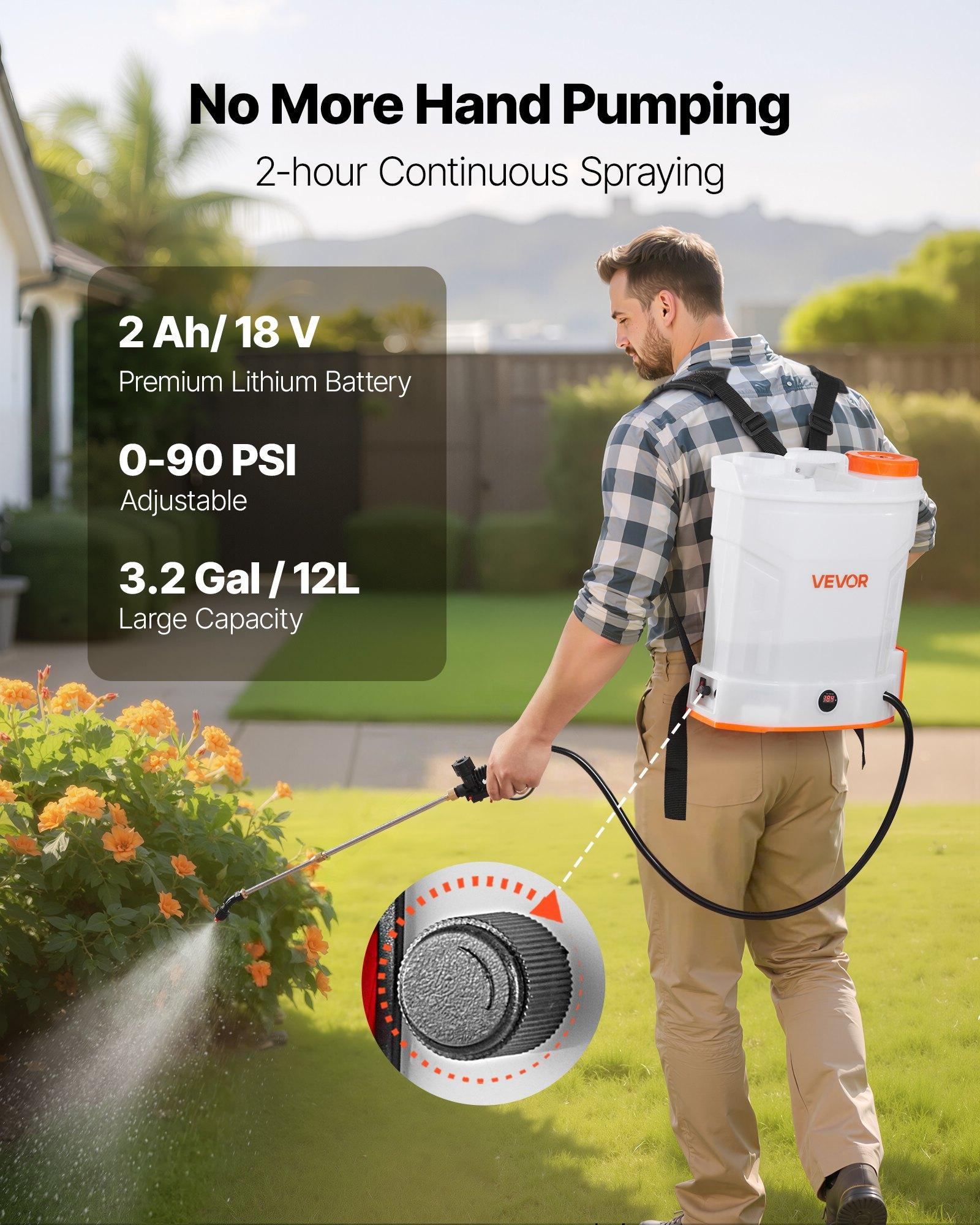 VEVOR Battery Powered Backpack Sprayer, 3.2 Gal Powerful Electric Backpack Sprayer, 2 Retractable Wands & 5 Nozzles, Adjustable 0-90 PSI, 2 Hour Runtime, Portable Weed Sprayers for Yard Garden Lawn VEVOR Battery Powered Backpack Sprayer, 3.2 Gal Powerful Electric Backpack Sprayer, 2 Retractable Wands & 5 Nozzles, Adjustable 0-90 PSI, 2 Hour Runtime, Portable Weed Sprayers for Yard Garden Lawn