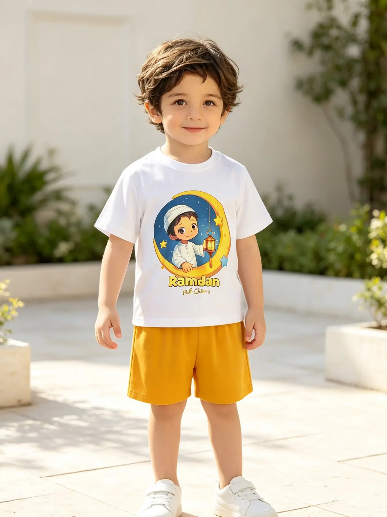 Children's Ramadan T-Shirt Set (2 Pieces)】Eid Ramadan Cartoon Muslim Boy Crescent Moon Lantern Pattern Short-Sleeved Shorts Set For Boys And Girls. Breathable And Skin-Friendly For Daily, Vacation, Outing, Party Casual Wear. #Holiday Children's Clothing