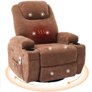 Garvee Modern Swivel Rocker Recliner Chair with Massage and Heat Features, 360° Rotating Manual Recliner, Comfortable Single Sofa with Overstuffed Arms and Back, Cup Holders, and Side Pocket for Living Room in Brown