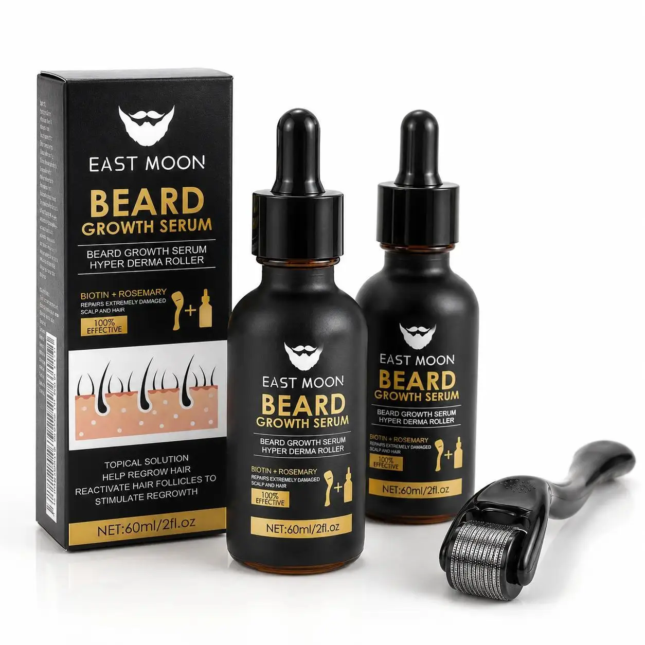 Beard Growth Serum with Biotin & Rosemary 60ml Haircare Set, Hyper Derma Roller Included, Nourishes Patchy Areas, Enhances Beard Density, Lightweight Portable for Home & Travel Daily Facial Care
