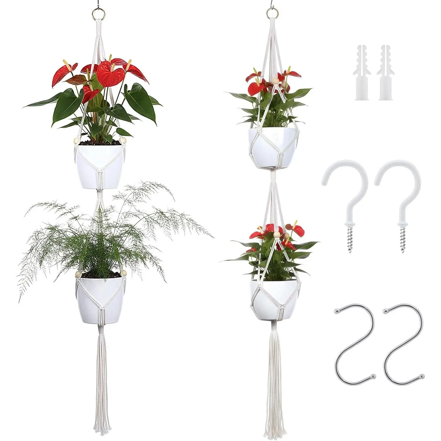 Macrame  Hangers 2 Pack, 50 in, Indoor Outdoor, Beige |   Rope, Double-Tier Design, Includes Hooks, Fits Living Room, Balcony, Kitchen, Office