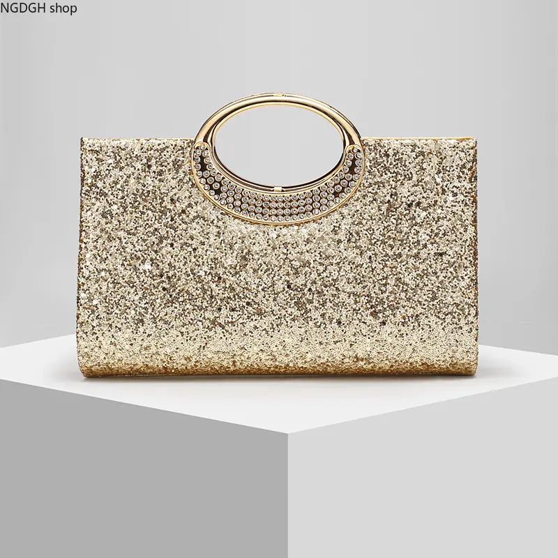 Elegant Sparkly Circular Handle Clutch-Shape Evening Bag - Luxe Gold Silver Glitter Fabric with Rhinestones, Lightweight Shoulder Clutch with Versatile Strap, Ideal for Holiday Use & Red Carpet Events
