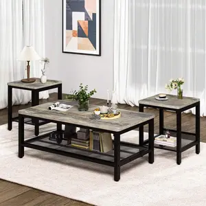 Industrial Coffee Table Set Of 3, Complete Living Room Table Set Featuring 2 Square End Side Tables With Durable Metal Frame, Ideal For Apartment And Home Office Decor