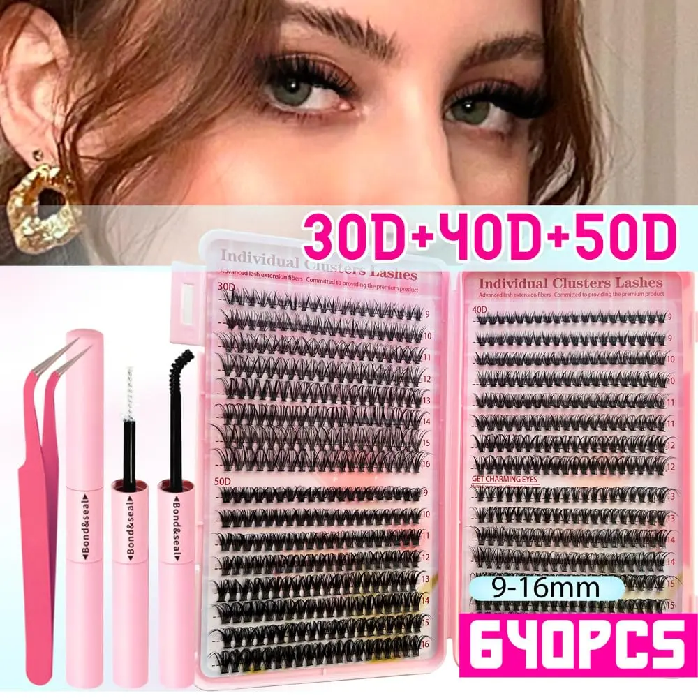 Lash Clusters Extension Kit 640pcs Soft Wispy Individual Cluster Lashes 9-16mm Natural Individual Lashes Extensions with Bond and Seal Lash Glue and Eyelash Extension Tweezers (30-50D 640Pcs)