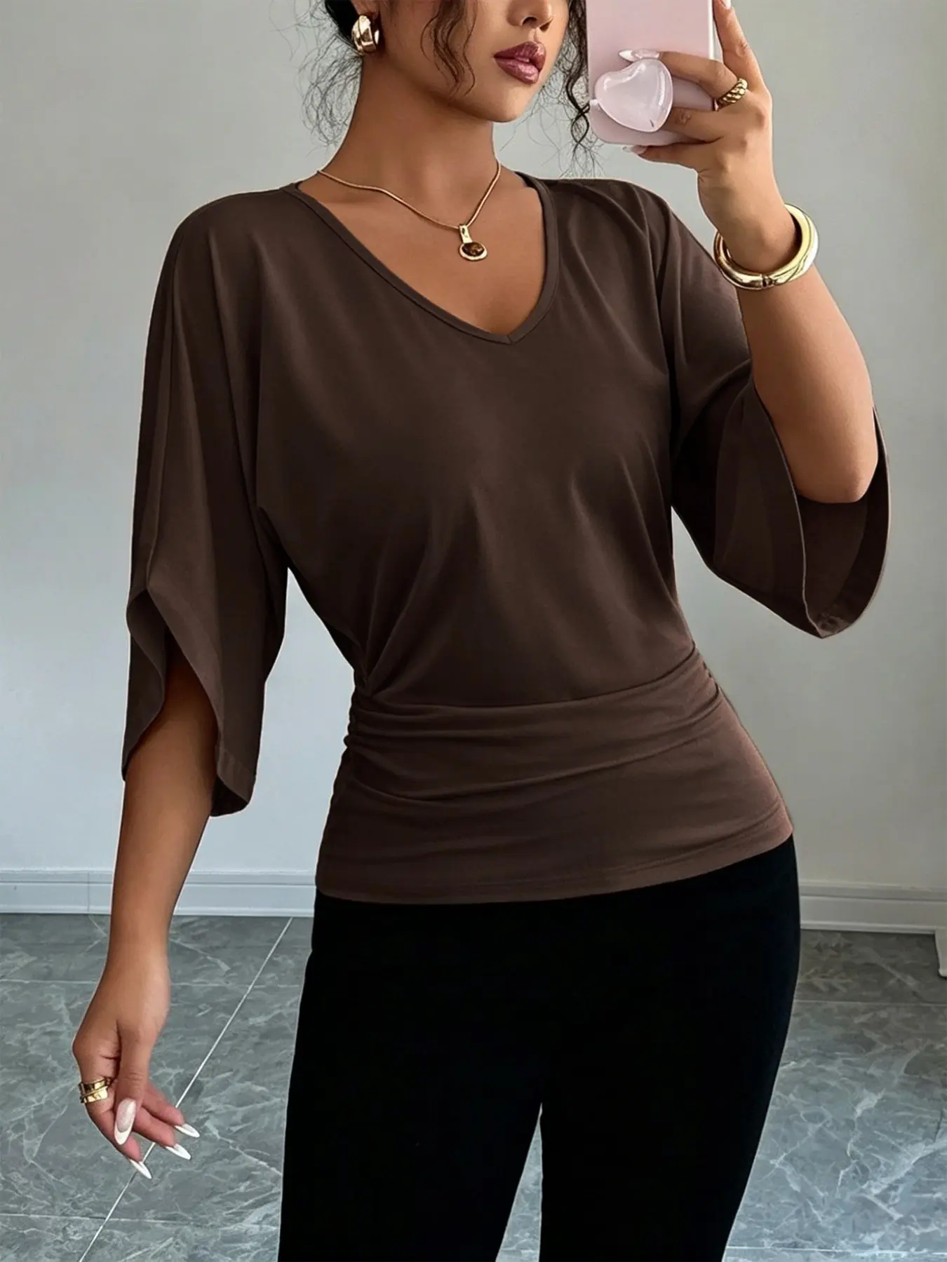 Women's Ruffle Batwing Sleeve V-Neck T-Shirt, Slim Fit Plain Color Top, Summer Casual Wear, Elastic Waist, Multiple Colors Available