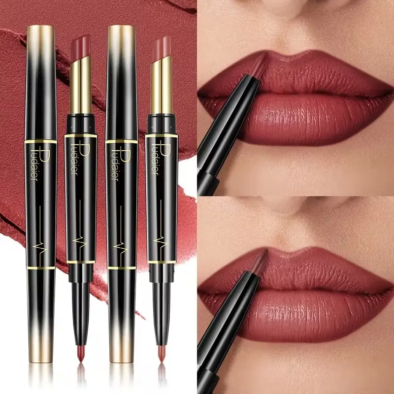 2pcs Double-Ended Lip Liner & Lipstick Pencil, Moisturizing Semi-Matte Formula, Precise Lip Liner Definition, Ideal for Everyday and Party Looks
