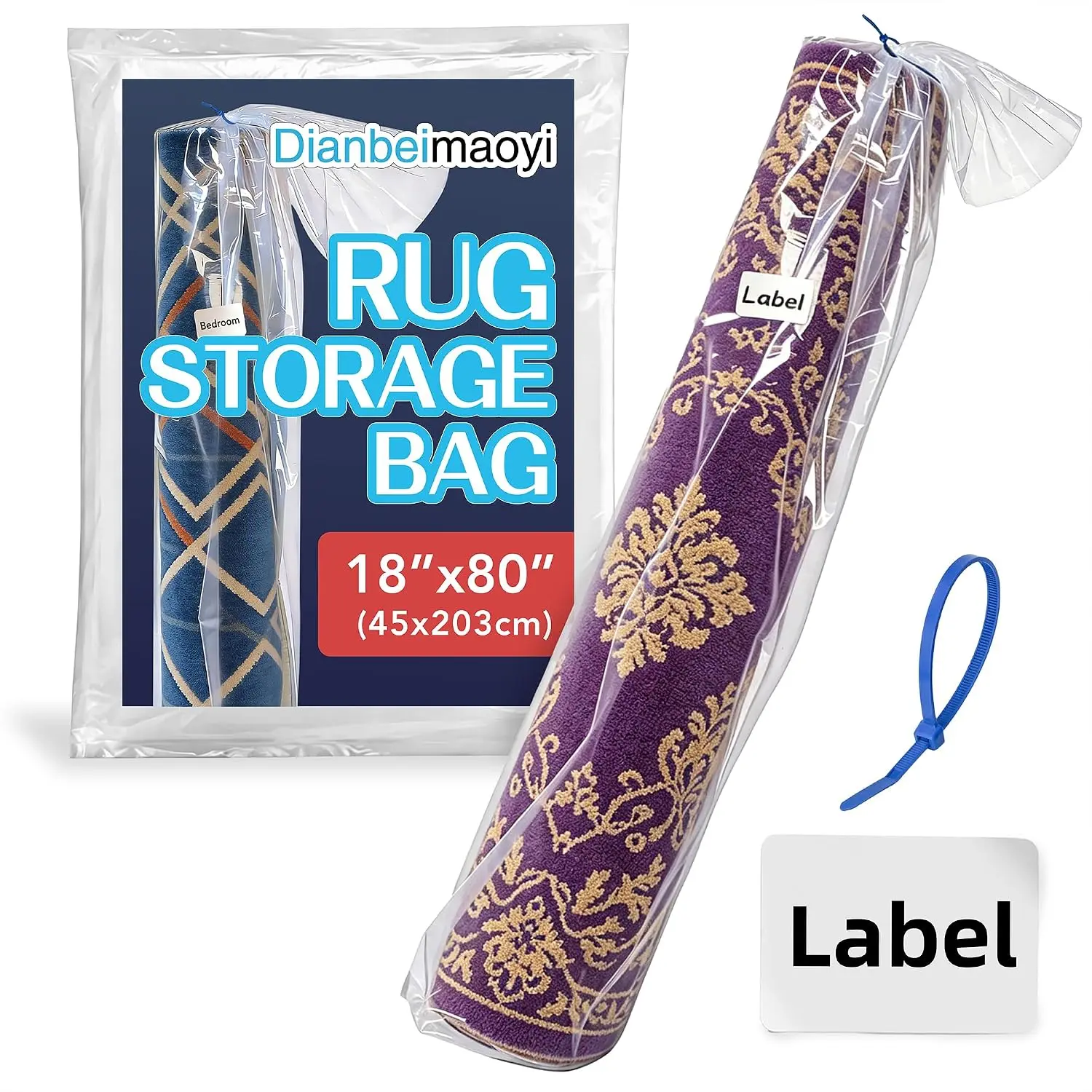 80 x 18 In Plastic Rug Storage Bag Fits Rolled Rug Up to 5' x 7' | 4 Mil Heavy Duty Carpet Bag with Zip Tie, Large Carpet Wrap for Moving, Shipping and Storage