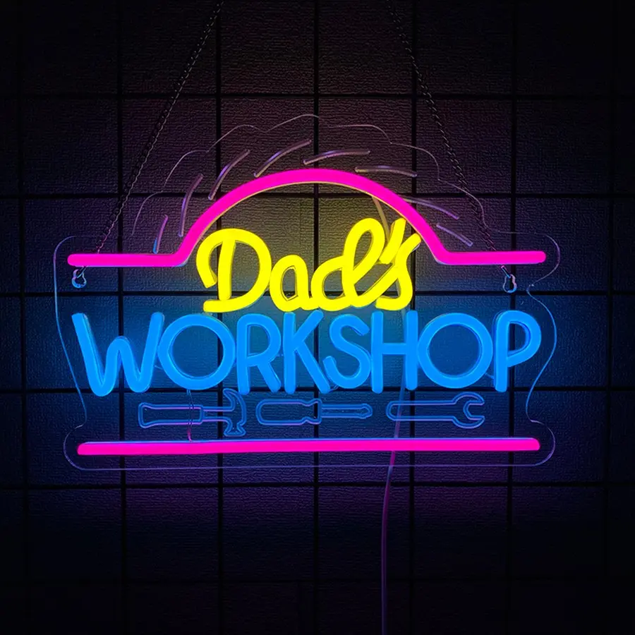 Dad's Workshop Neon Sign for Wall Decor Garage LED Light Car signs for Auto Repair Shop Man Cave Gift for Father
