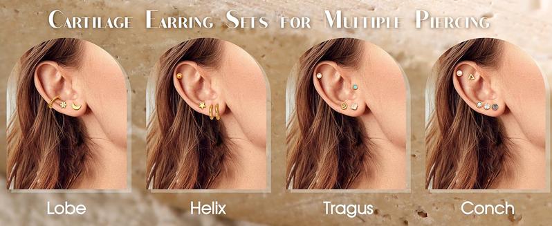 LOLIAS 21Pairs Surgical Steel Flat Back Stud Earrings Hypoallergenic 20G Screw Back Nap Stack Cartilage Earring Stacks