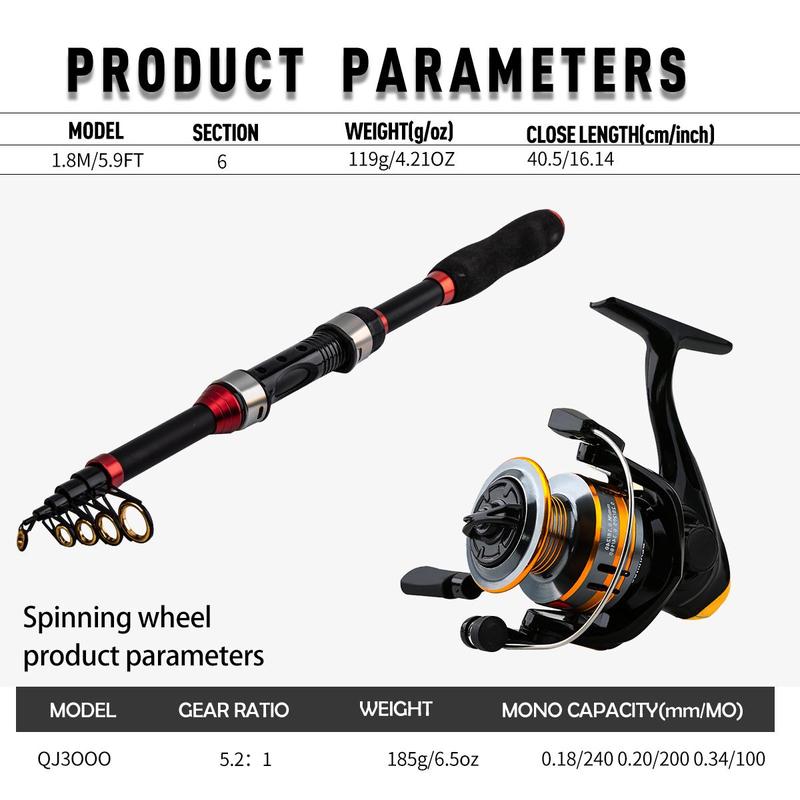 1.8m Telescopic Fishing Rod & Spinning Reel & Fishing Bag & Fishing Lure Kit, Portable Outdoor Fishing Accessories Set, Fishing Gear Set, Fishing Tackle Kit