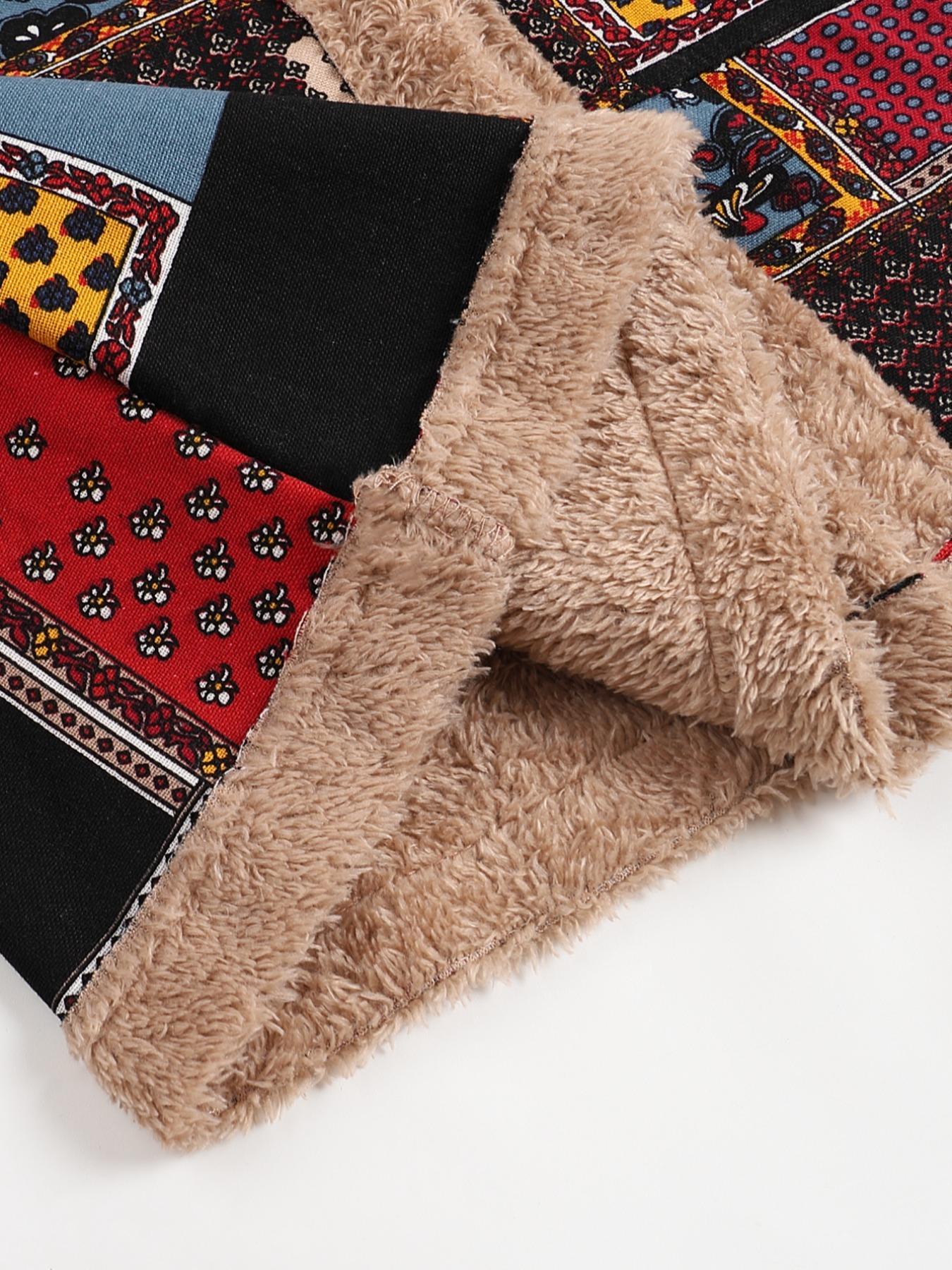 Women's Patchwork Ethnic Pattern Button Front Hooded Coat, Casual Long Sleeve Pocket Outerwear for Fall & Winter, Coats for Women, Ladies Clothes for Daily Wear
