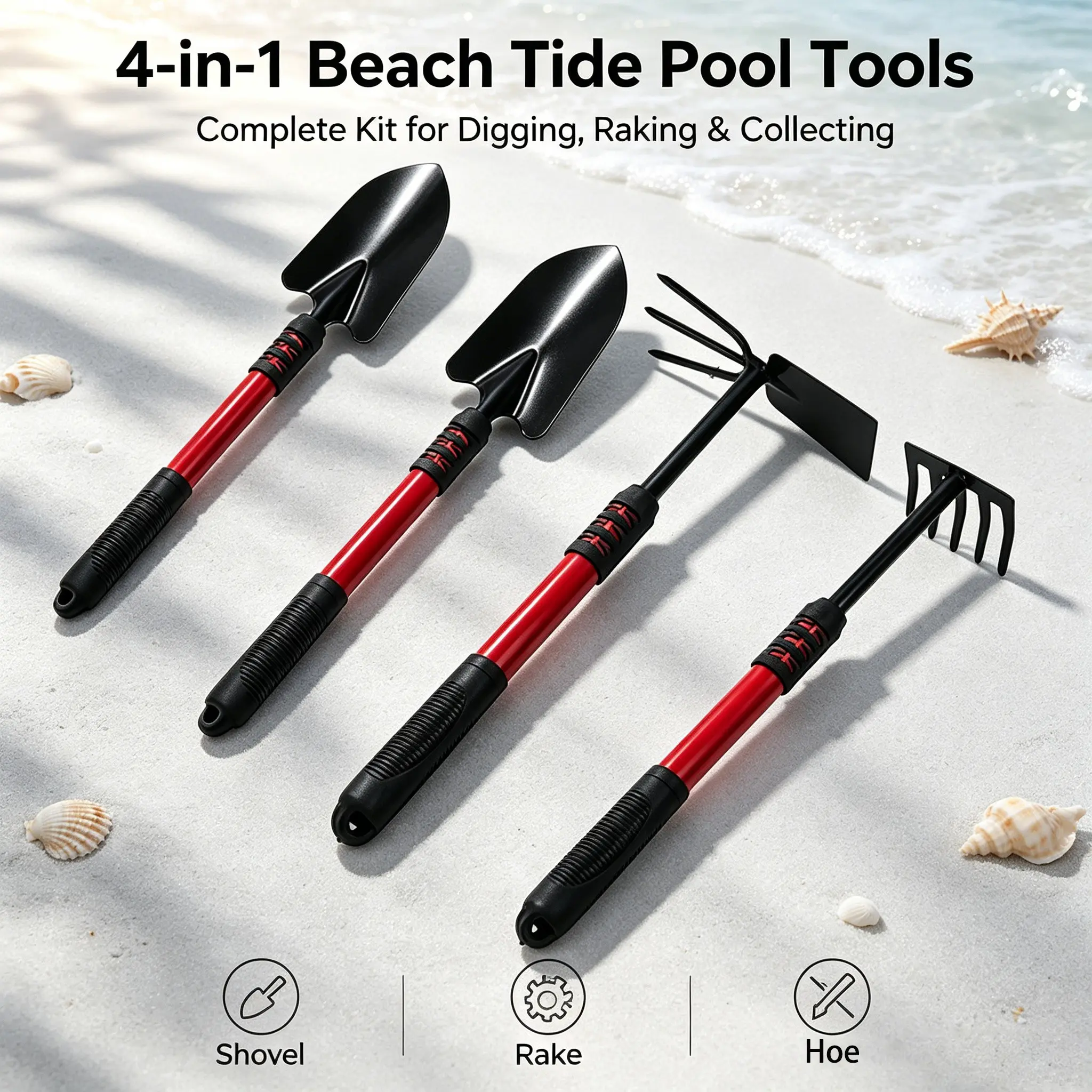 4Pcs Family Tide Pool Hunting Tools, Lightweight Anti-Slip Beach Digging Kit For Adults Kids Clamming & Shell Collecting