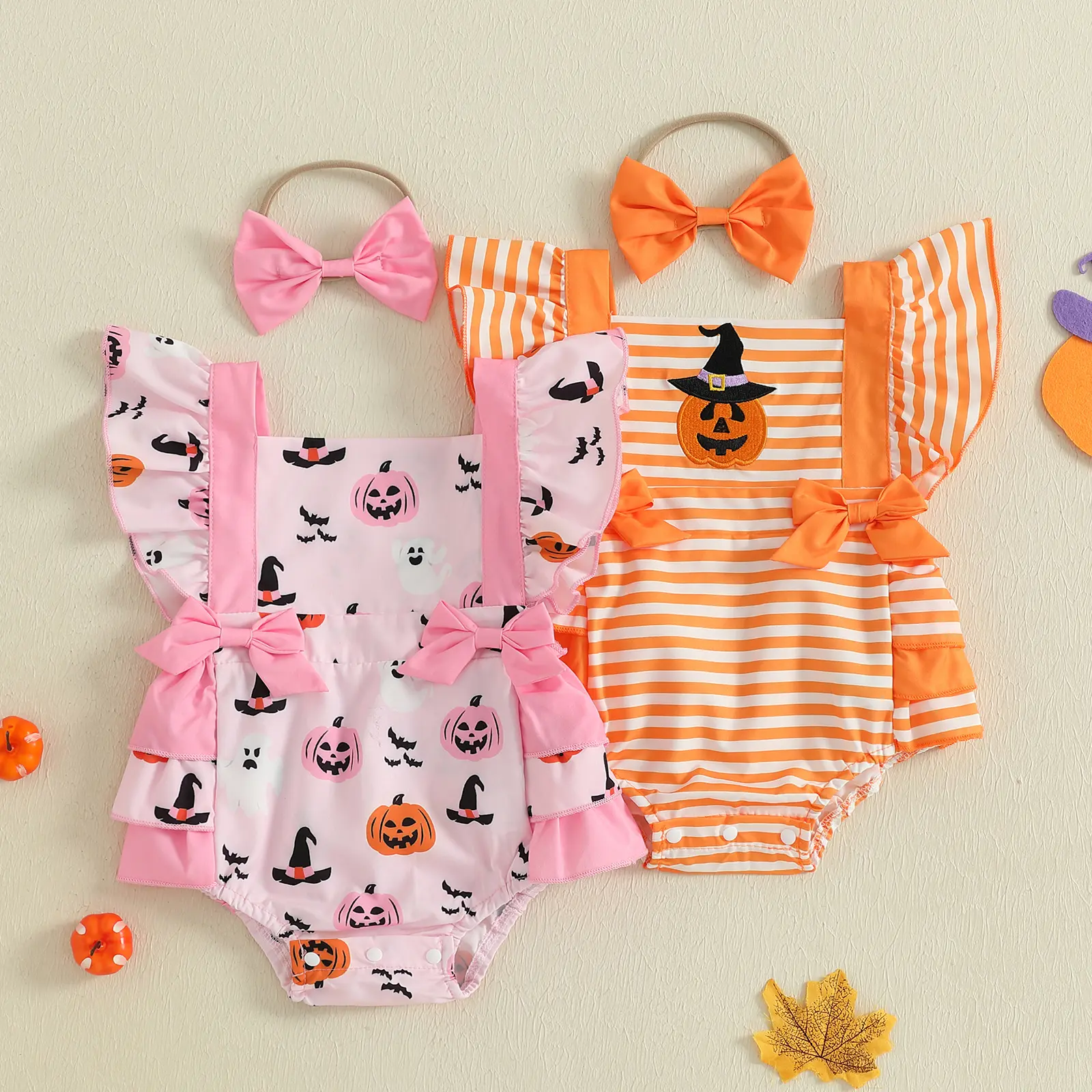 Infant Baby Girls Halloween Romper Pumpkin Print Fly Sleeves Jumpsuits and Headband 2 Pcs Set 0-18 Months