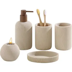 Bathroom accessory set, 5-piece set, sandstone pattern modern style bathroom organizer, includes soap dispenser, toothbrush holder, cup holder, soap dish, candle holder, suitable for countertop kitchen sinks (beige)