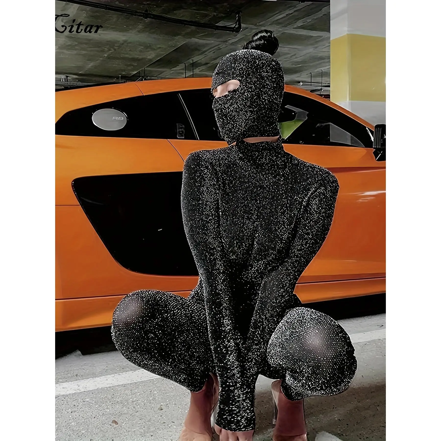 Women's Sexy Glitter Unitard Jumpsuit - Plain Polyester Knit Backless High Neck Long Sleeve Bodycon, Pull On Mature Party Night Out Attire, Polyester-Elastane Blend, Hand Wash Only, No Dry Clean, Glitter Finish, Bodycon Cut, Do Not Dry Clean, Solid