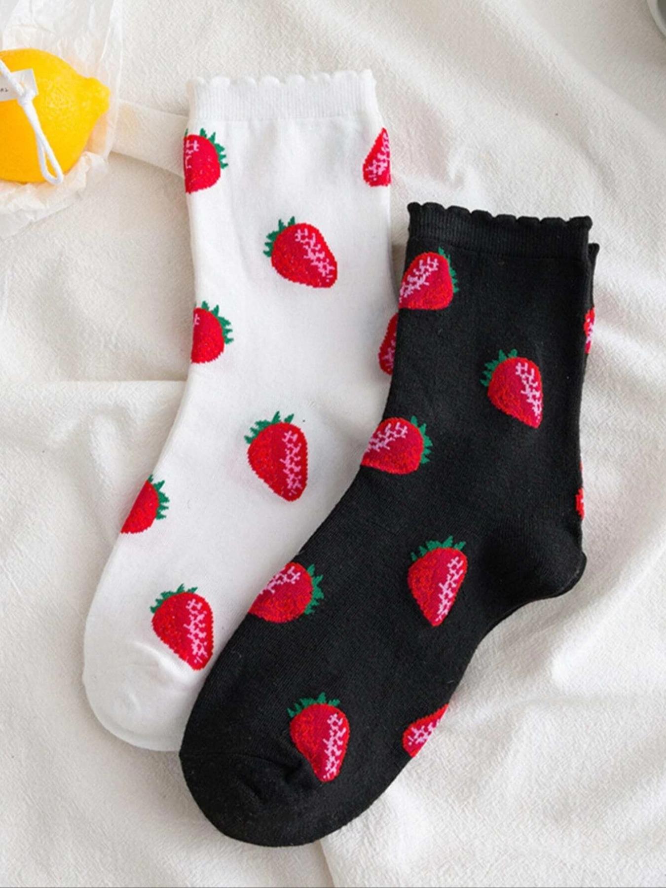 Women's 2 Pairs Strawberry Print Jacquard Crew Socks, Fall Wear, Fallfreshness Casual Moisture Wicking Socks, Soft Comfy Breathable Socks For All Seasons Daily Wear, Womenswear, Sock Set