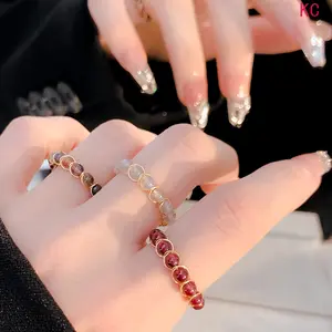 Multicolor Gemstone Copper Adjustable Ring, Hypoallergenic Stackable Boho Birthstone Finger Jewelry For Women Daily Outfit Matching Accessory