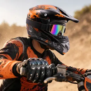 Motorcycle Helmet, Full Face Motocross Design & Dirt Bike Visor Peak, 4-Piece Set With Goggles Gloves & Mask, For Adult Men Off-Road Trail Riding & ATV Racing, Shockproof Lightweight Breathable Safe Secure Fit