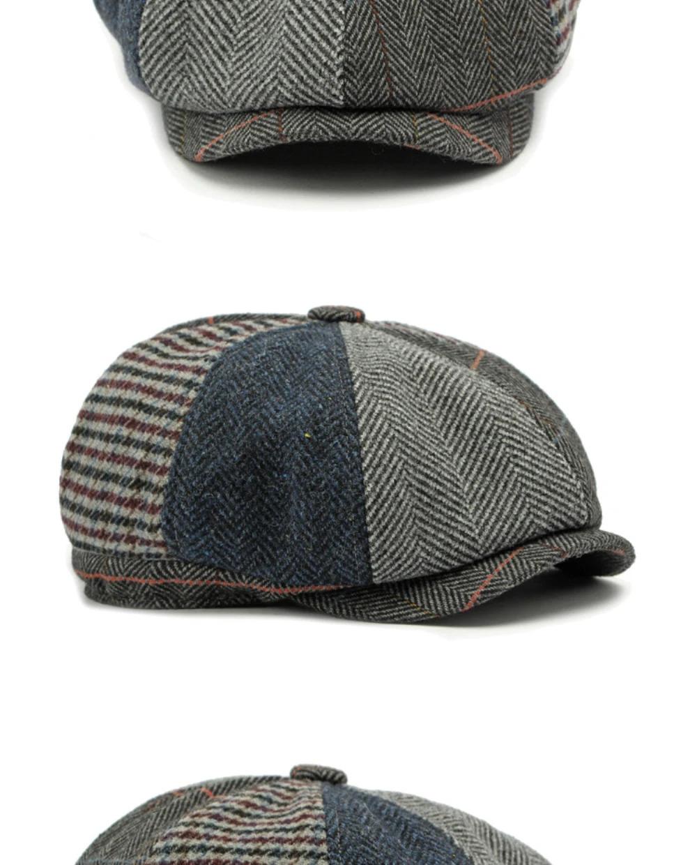 HT4612 Beret Cap Men Women Spring Autumn Wool Beret Hat Patchwork Plaid Ivy Octagonal Flat Cap Male Female Artist Painter Berets