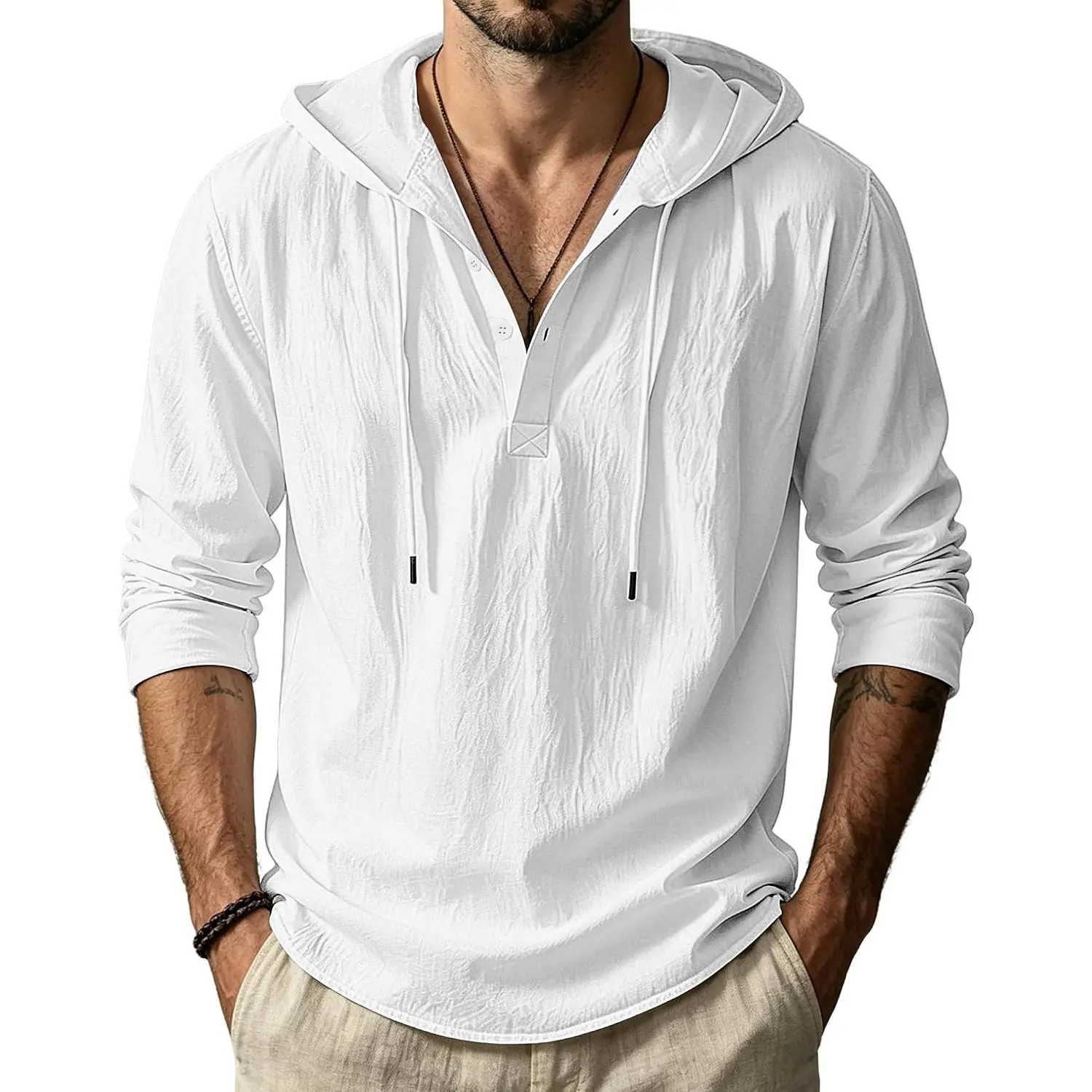 Men's Cotton Linen Hoodies Casual Hooded Long Sleeve Button Down Shirts Lightweight Casual Hawaiian Beach Sweatshirts