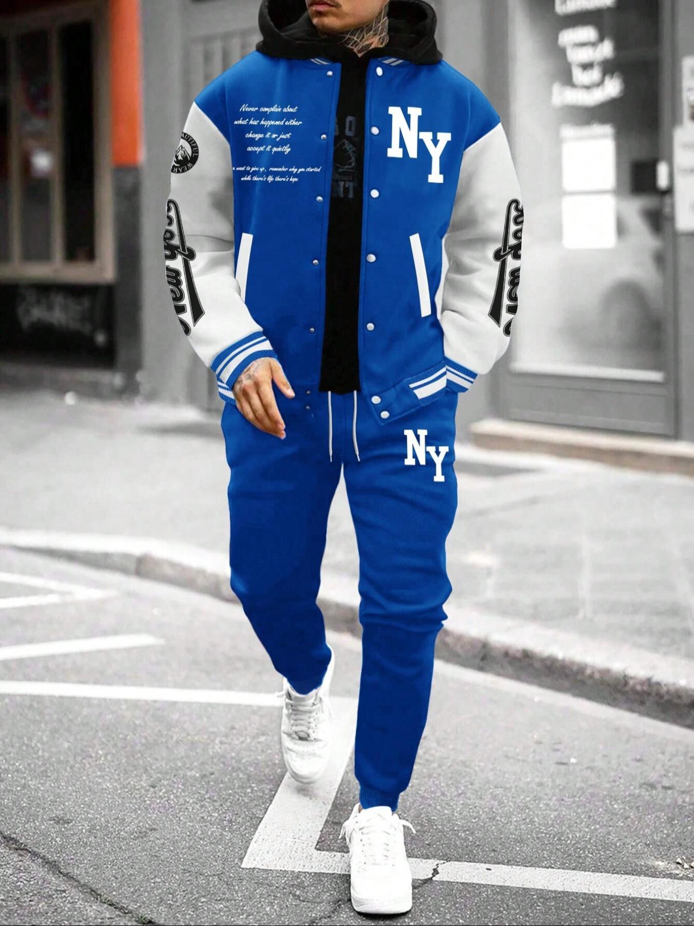 Men's Letter Print Slogan Baseball Jacket & Pants Two-piece Set, Loose Casual Long Sleeve Baseball Collar Outerwear & Trousers for Daily Wear, Men's Two-piece Outfits for Fall & Winter