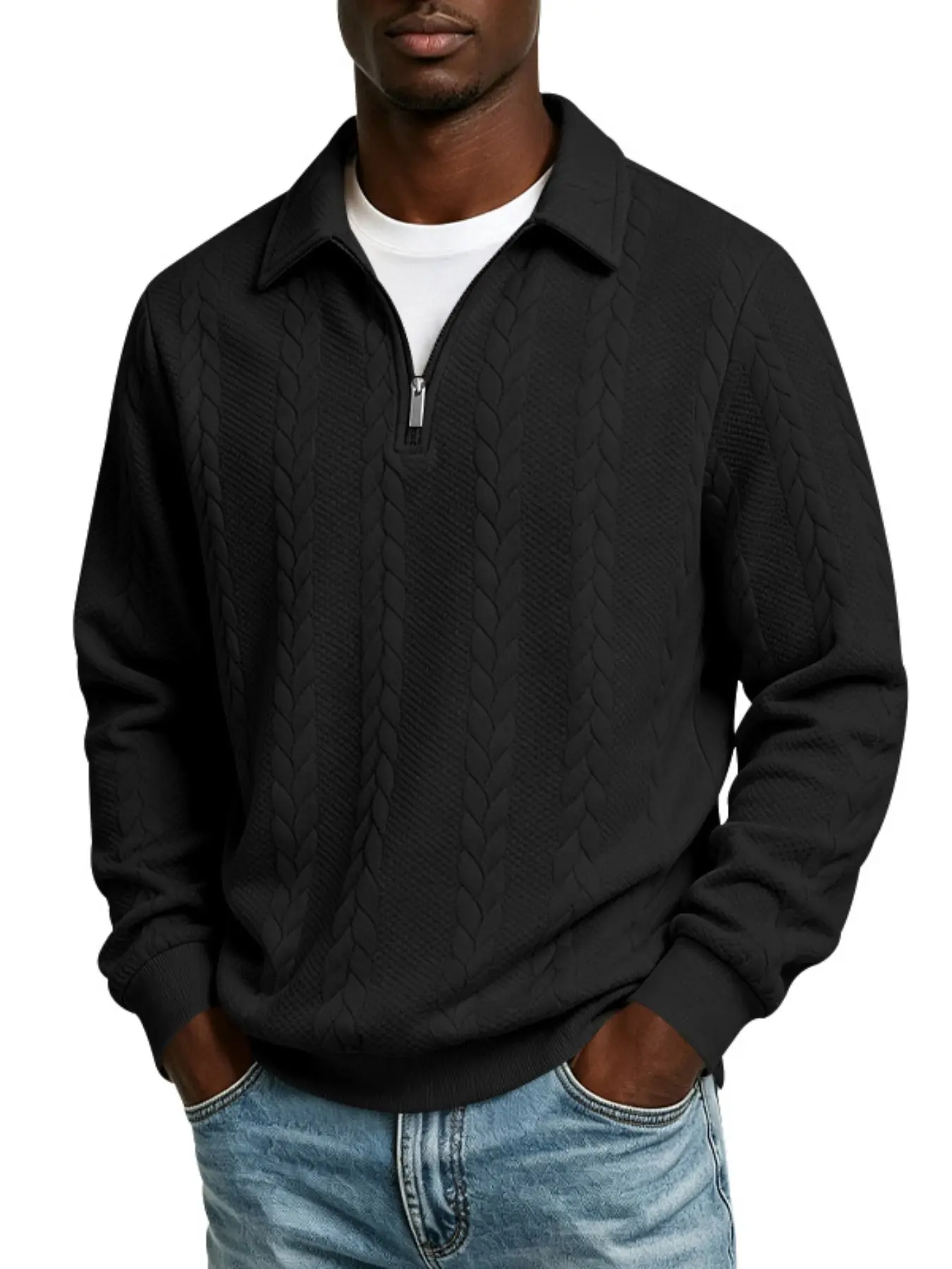 Men's Cable Knit Textured Quarter Zip Polo Sweatshirt, Lapel Collar Long Sleeve Pullover Top, Soft Loose Fit Dressy Casual Sweater Knitwear for Spring Fall Business Daily Outdoor Wear Multiple Solid Colors
