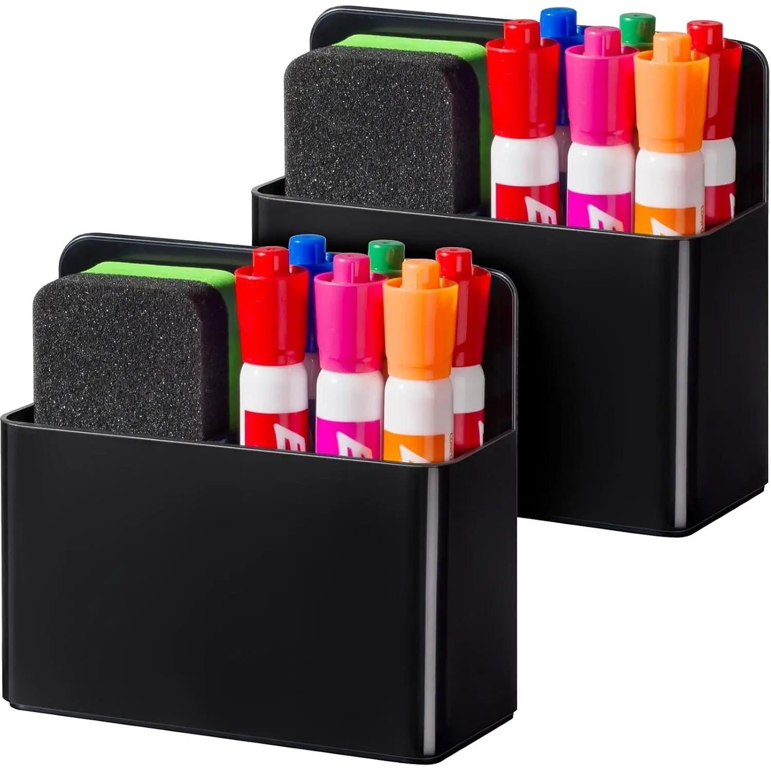 Plastic Magnetic Pen Holder with Powerful Magnet, 2 Pack - Dry Erase Marker Holder for Whiteboard, Locker Organizer, Pencil Cup for Refrigerator, Black