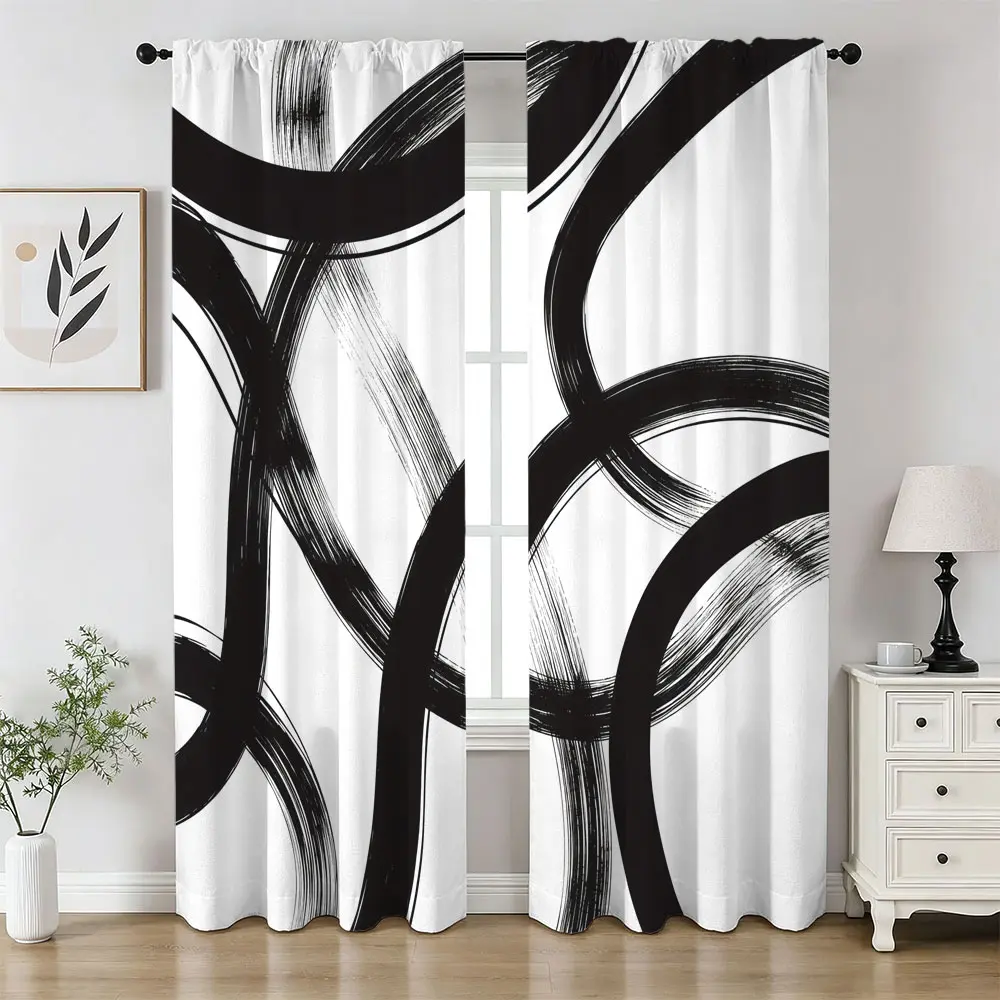 2 Panels Black White Abstract Line Rod Pocket Blackout Curtains, Thermal Insulated, Noise Reducing & Privacy Protection, Window Drapes for Apartment, Living Room & Bedroom Decor