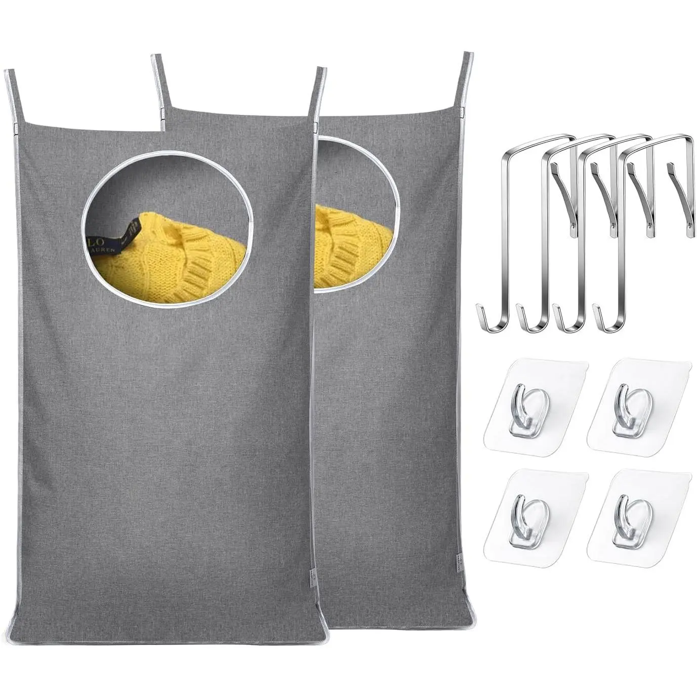 2Pack Space-Saving Hanging Laundry Bag, Door Laundry Hamper with 2 Different Types of Hooks, 30x20 Inch Oxford Fabric Laundry Storage Bag for Dirty Clothes (Grey-2Pack)