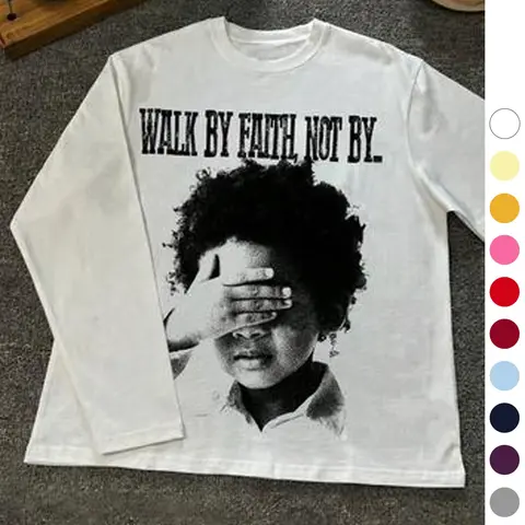 Y2K Vintage Graphic Long Sleeve T-Shirt Loose-Fit Drop Shoulder, Retro Child Portrait, Trendy Fashion Layering Top for Fall Campus Style, Art Graphic Tee
