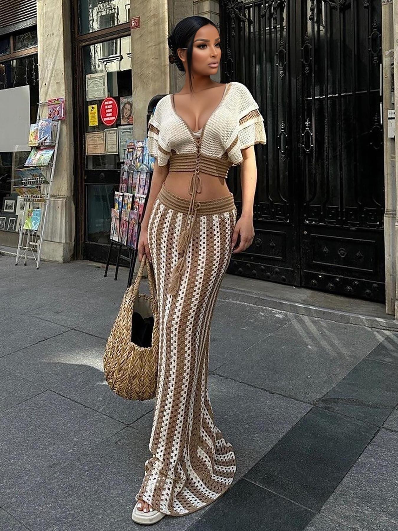 Two-piece Set Women's Colorblock Top & Striped Pattern Hollow Out Long Skirt, Casual Fashion Knitwear Set for Summer, Women's Clothing for Beach Vacation, Outfit Clothe Matching Skirt Set