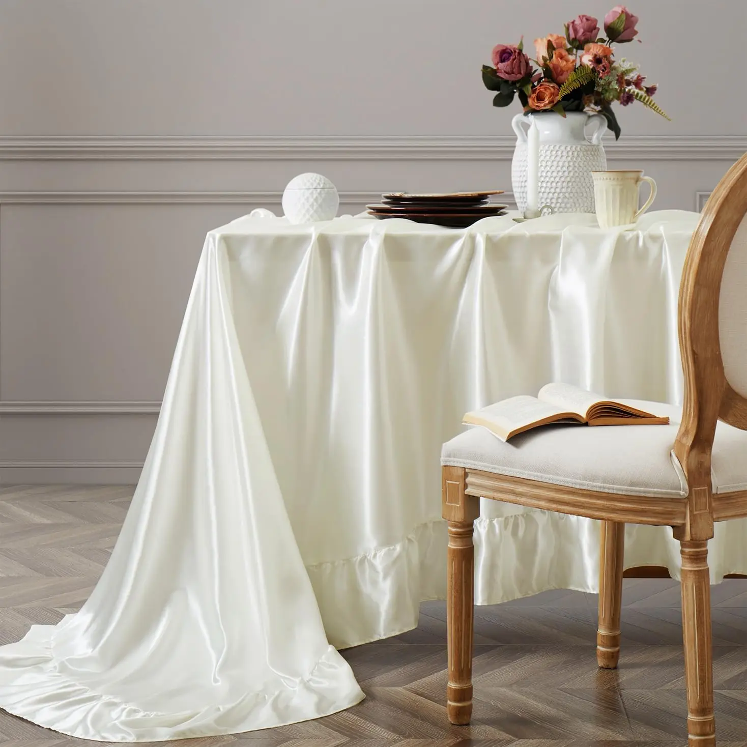 Vonty Premium Satin Ruffled Edge Smooth Table Cover, 60"x120" Ivory White Tablecloth with 5.9" Ruffle Trim, Lustrous Silky Sheen, Stain-Repellent, Easy-Clean, Machine-Washable, No-Iron, for Indoor/Outdoor Dining, Parties, Vintage