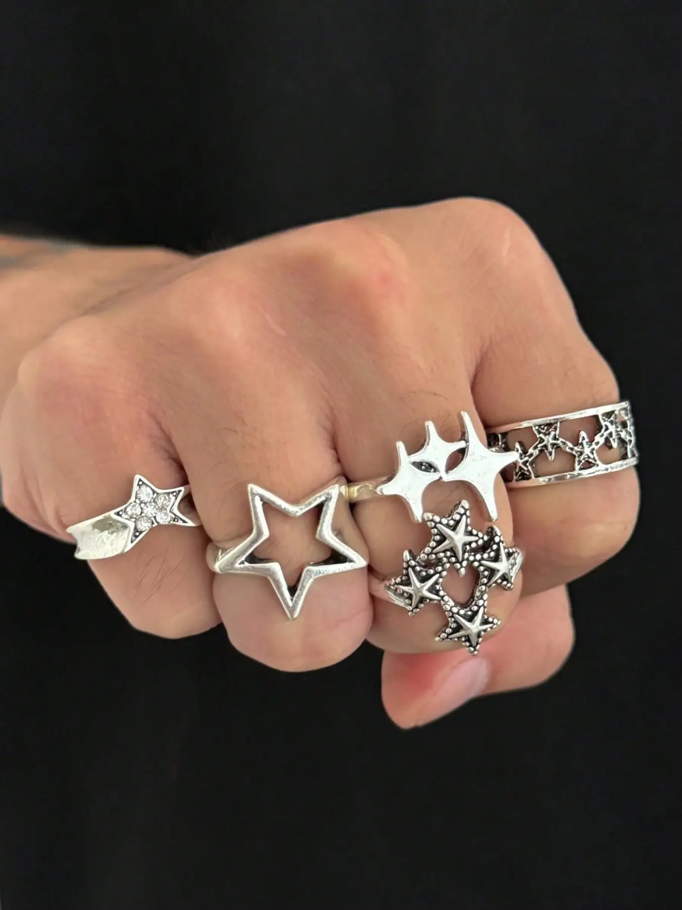 5 Pcs Vintage Y2K Star Silver Color Ring Set, Punk Style Hollow Rhinestone Star Stack Rings, Unisex Gothic Jewelry, All Seasons, Stackable Rings