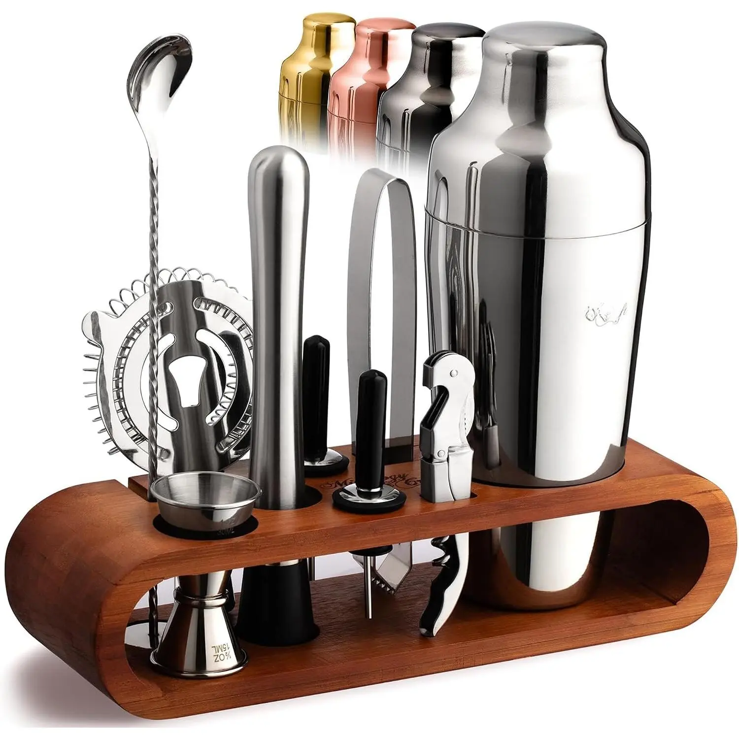 24oz Steel Modern Bartender Shaker Set with Dark Stand - Complete Bar Mixer Kit for Professional Bartenders, Housewarming Gift