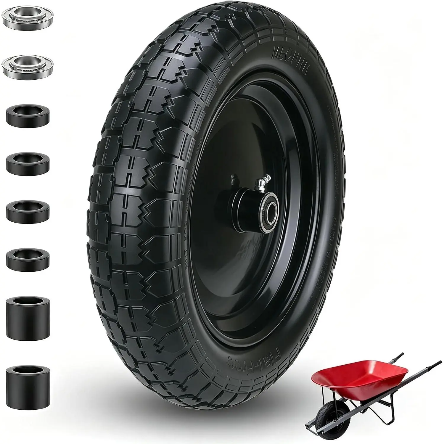 4.80/4.00-8 Flat-Free Wheelbarrow Tire and Wheel, 14.5" Solid Replacement Tire for Gardening & Yard Work, 3" Centered Hub, Compatible with 5/8" & 3/4" Bearings, Black (1 Pack)