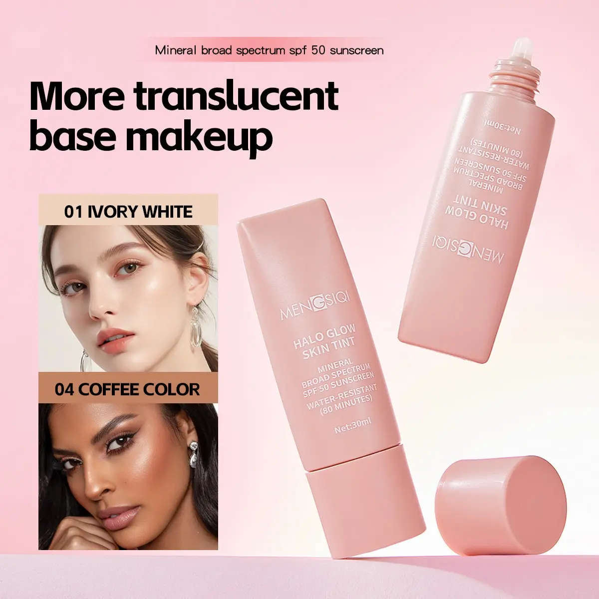 Four-Color Sunscreen Foundation Cream, Mineral Broad-Spectrum Spf50, Natural Finish, Smooth Texture, Long-Lasting, Oil-Control, Sweat-Resistant, Daily Use, Makeup