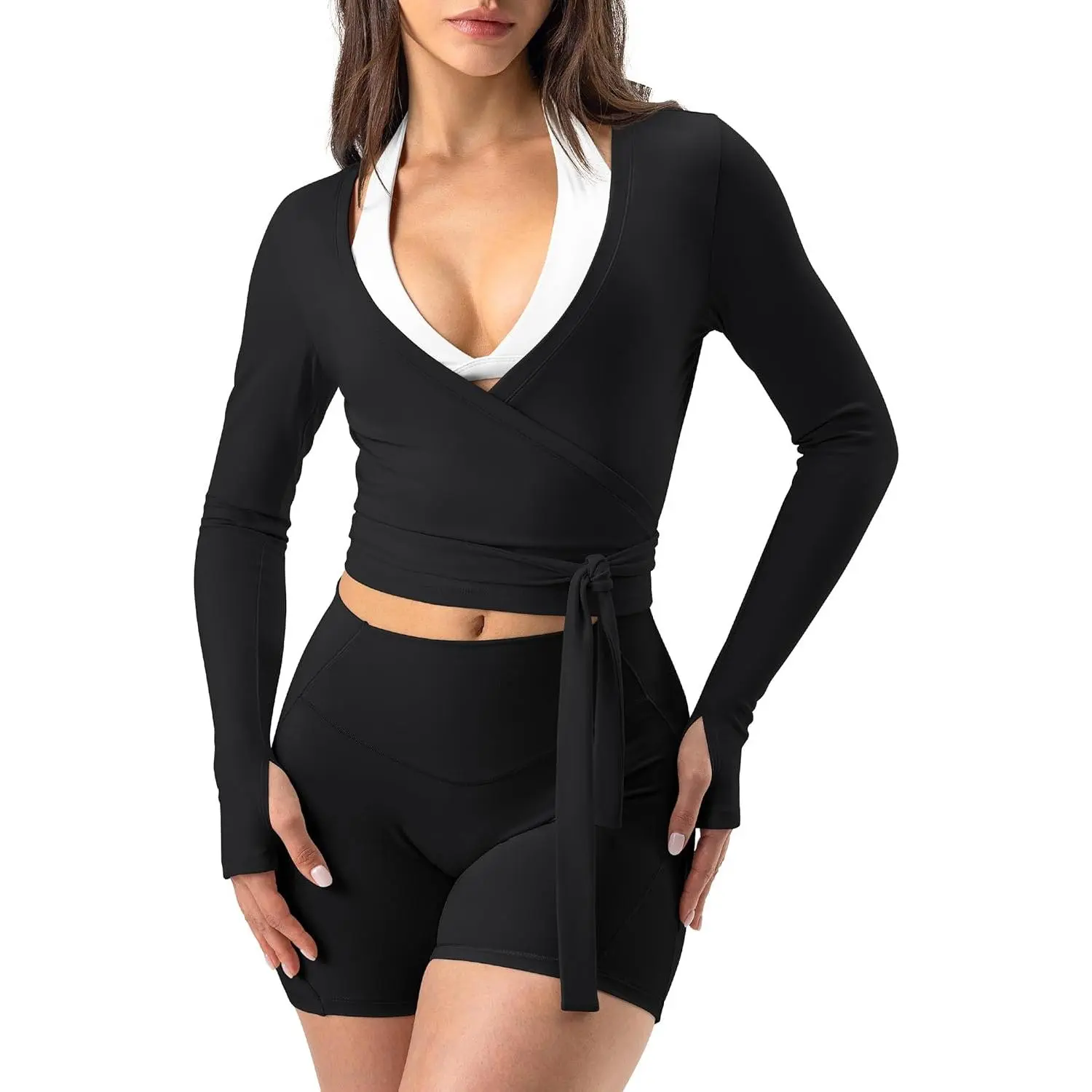 Women Pilates Wrap Top Tie Dance Shirt Ballet Yoga Tee Long Sleeve V Neck Cropped Tops Active Blouses with Thumb Holes