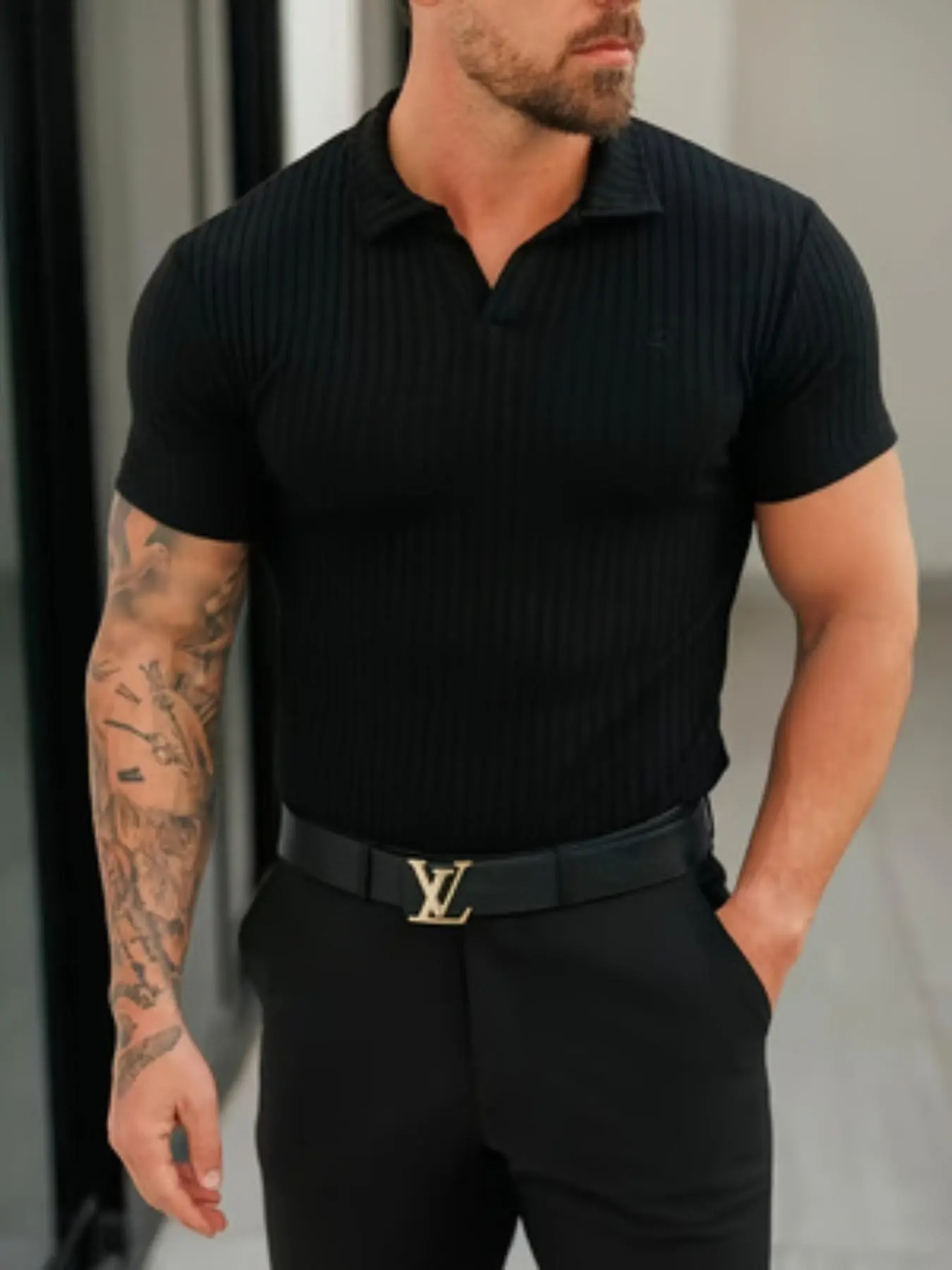 Men's Casual Ribbed Knit Polo Shirt, V-Neck Short Sleeve Slim Fit Top, Soft Breathable Textured Casual & Business Shirts