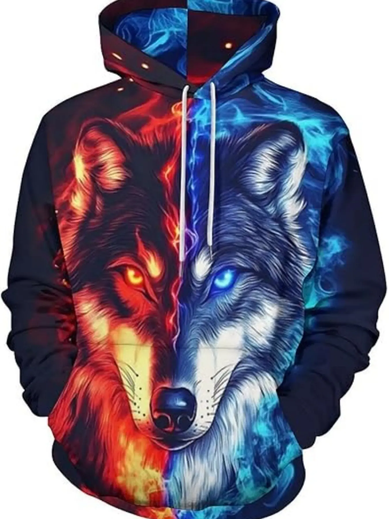 Ice Fire Dual Wolf 3D Digital Print Hoodie for Men, Full Front and Back Wolf Head Print, Casual Loose-Fit Sweatshirt, All Seasons