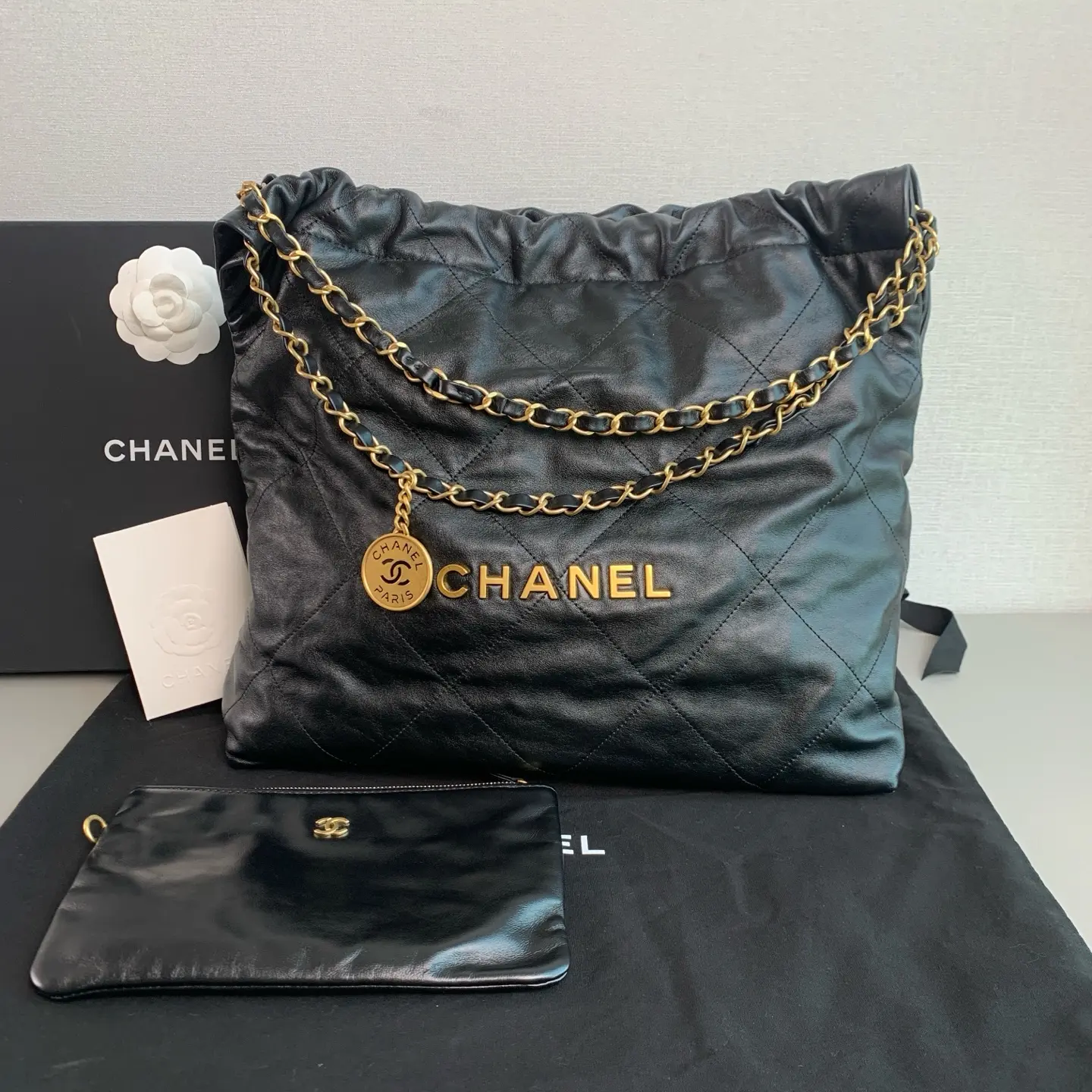 Pre-owned Chanel 22bag Black Gold Hardware Medium 22 Bag Tote Bag Very Good Condition Microchip Edition Size 3 Luxury Bag P07E08003