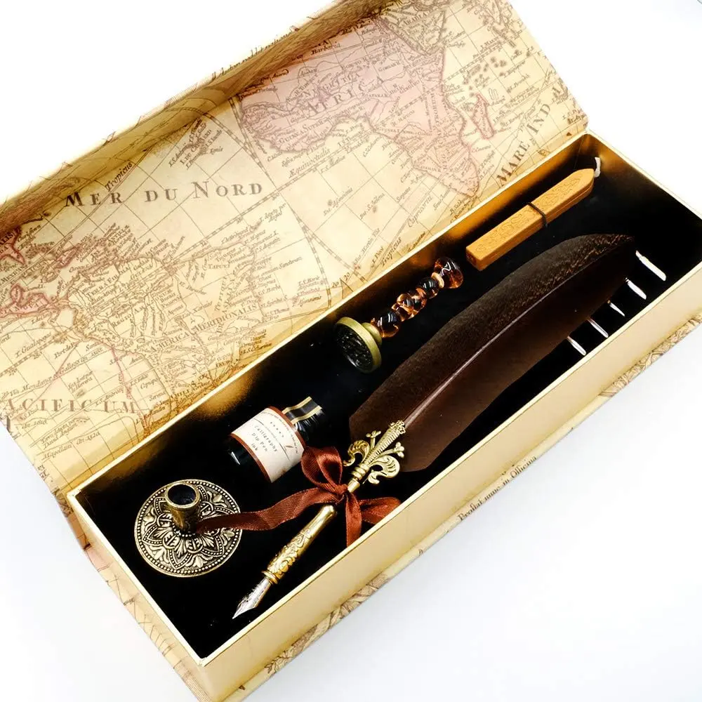 MU-03  Pen Set  Half-Patterned  Pen  Set with 6 Nibs 1 Calligraphy Ink 1 Wax Seal  1 Pen Holder 1 Sealing Wax,  for Writers  Students