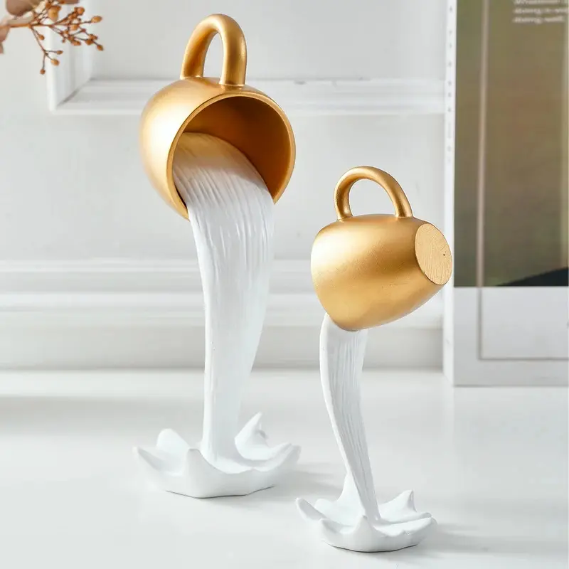 1PC Artistic Modern Synthetic Resin Anti-Gravity 3D Suspended Tipping Coffee Cup Ornament - Decorative Luxury Gold Tone Statue Figurine, Home Office Room Accent