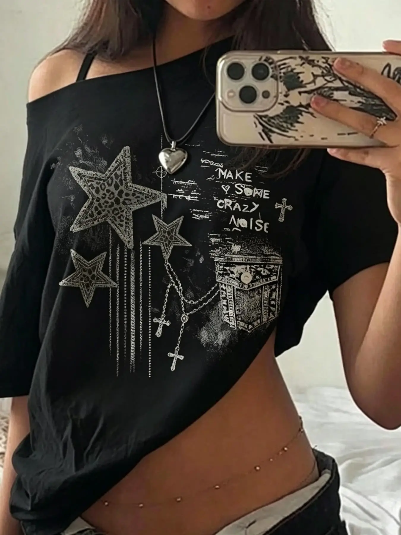 Y2K Leopard Star Distressed White Asymmetrical Off-Shoulder T-Shirt, Casual Cropped Tee, Summer, Grunge Streetwear Crop Top, Soft Cotton Fabric, Retro Aesthetic, Relaxed Oversized Fit, Iconic Star & Slogan Print, Daily Wear, For Party/Street Style