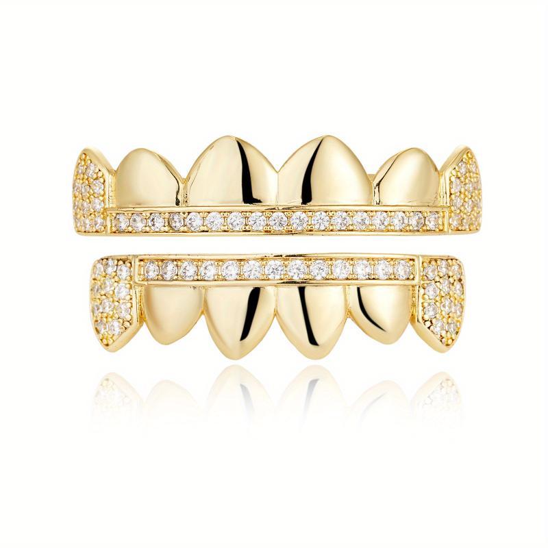 Iced Out CZ Mens Teeth Grills 2pcs Set - Golden Color Plated Grillz for Men - Fashionable & Eye-Catching - Perfect Gift for Hip-Hop Lovers Oral