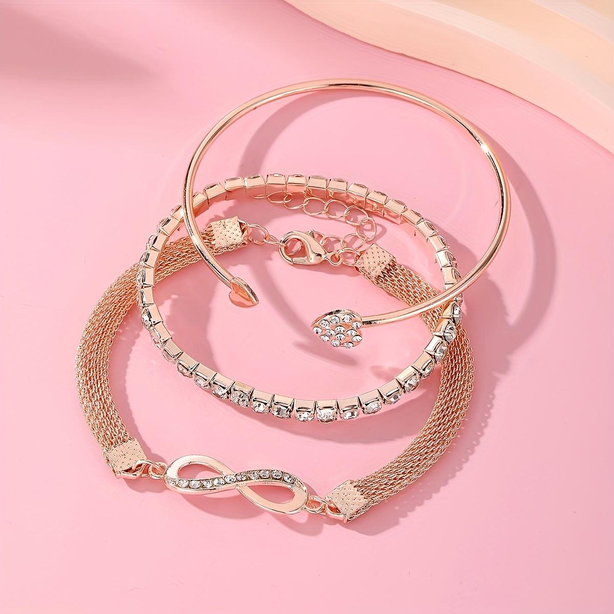 3 Pcs Vintage Elegant Rhinestone Bracelet Set - Adjustable Heart & Infinity Symbol Bangle, Stylish Alloy Open Cuff for Daily Wear & Gift Occasions
