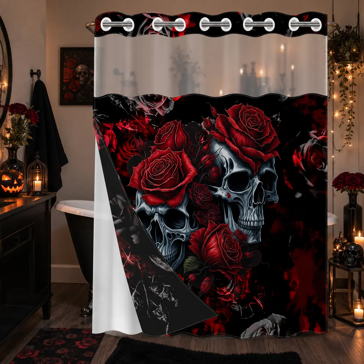 1Pc Hookless Double Layer Shower Curtain, Gothic Skull Design Red Rose Print Halloween Bathroom Decor, Waterproof Mildew Resistant Washable Fabric, Removable Snap-in Liner, Top See-Through Window, For Apartment, Guest Bath, RV