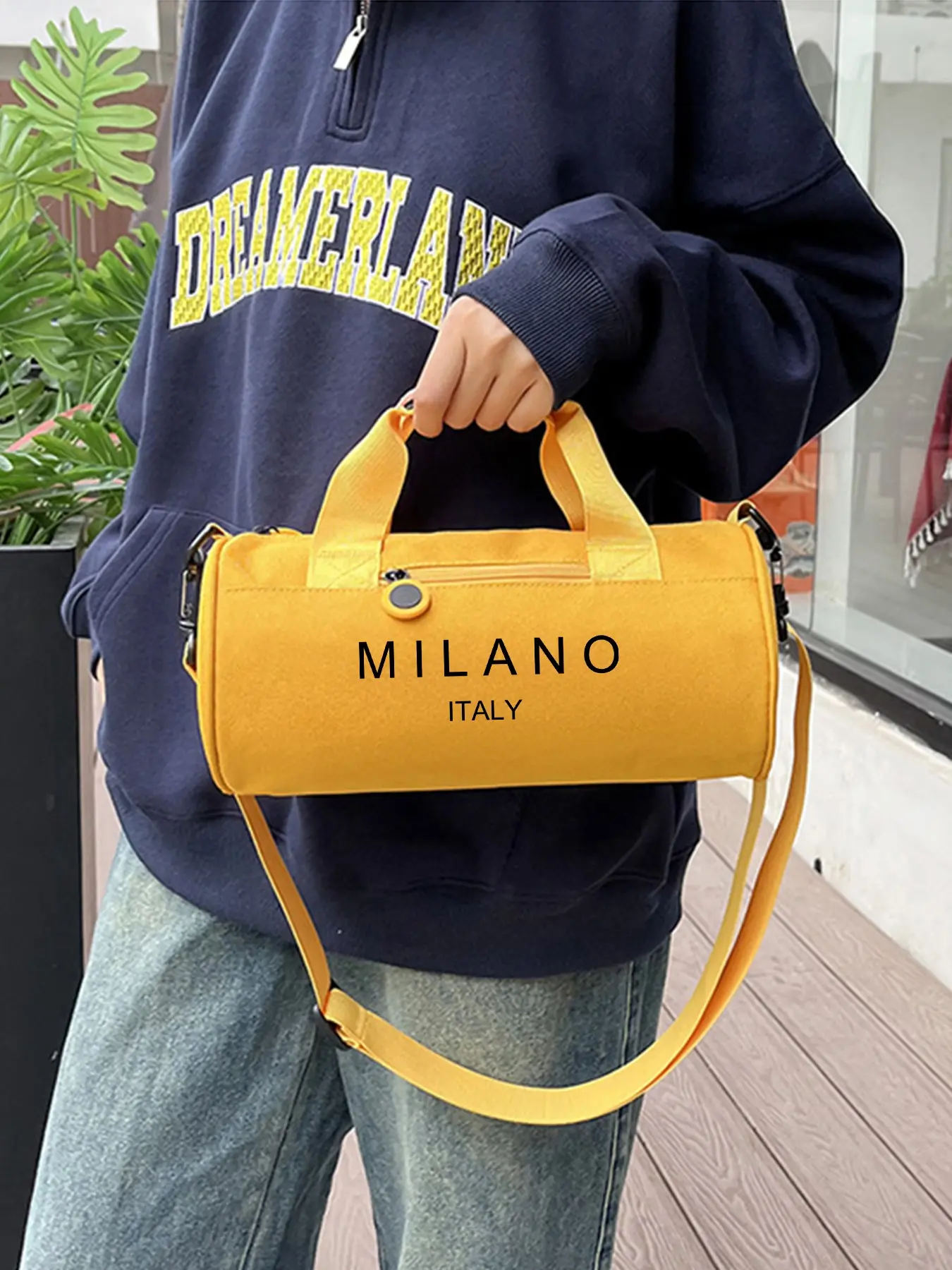 Letter Print Casual Crossbody Bag, Adjustable Strap Design, Cylindrical Shape, Practical for Travel, All-Season Use